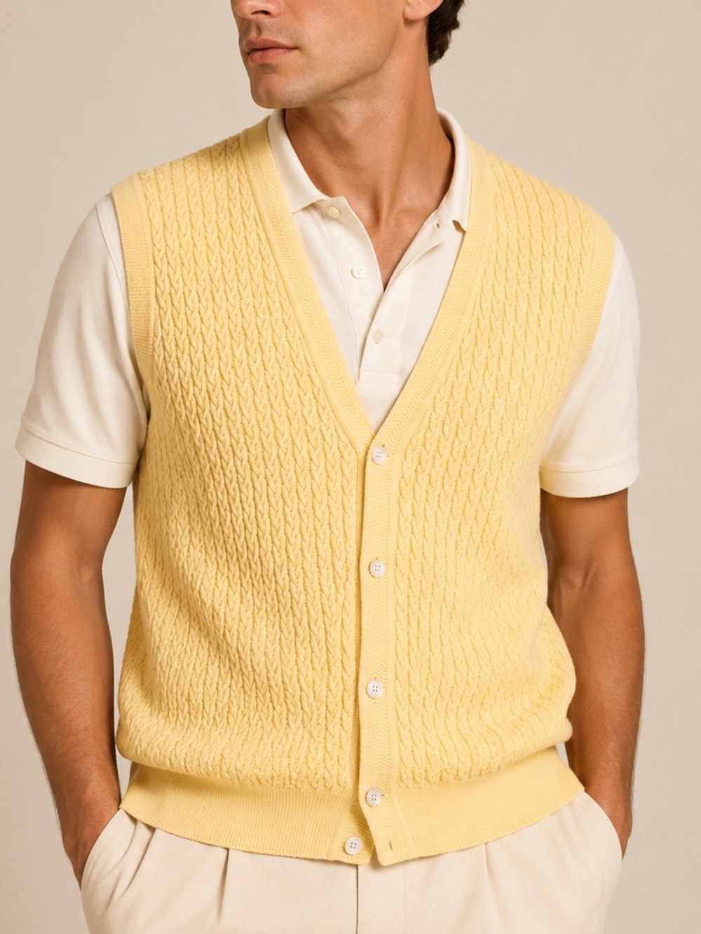 Vintage Bobby Jones 100% Cotton Golf Sweater Vest Yellow Button Front Mens L